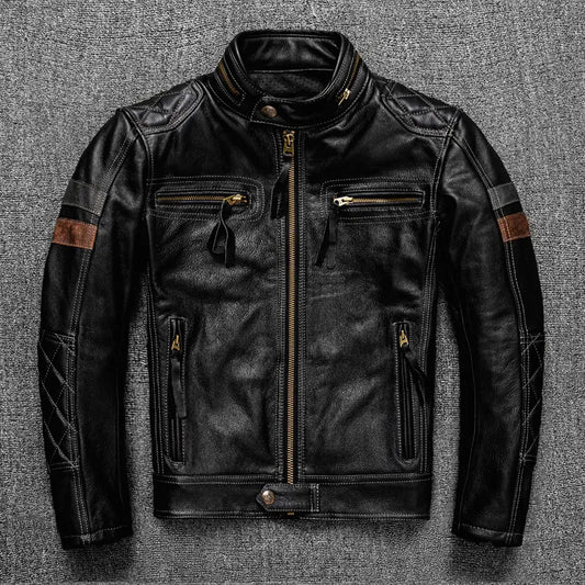 Free shipping. Brand new Pro motor biker real leather jacket.black men rider cowhide coat.quality leather cloth cuero natural